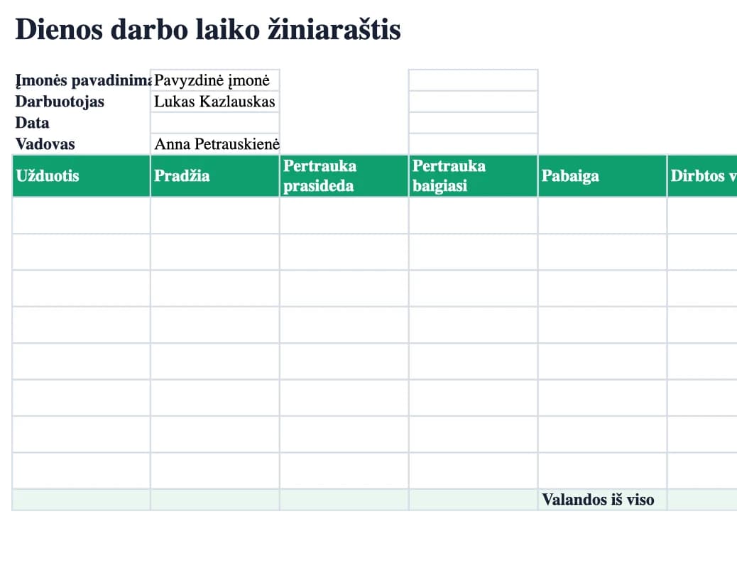 Excel peržiūra: Dienos darbo laiko žiniaraštis