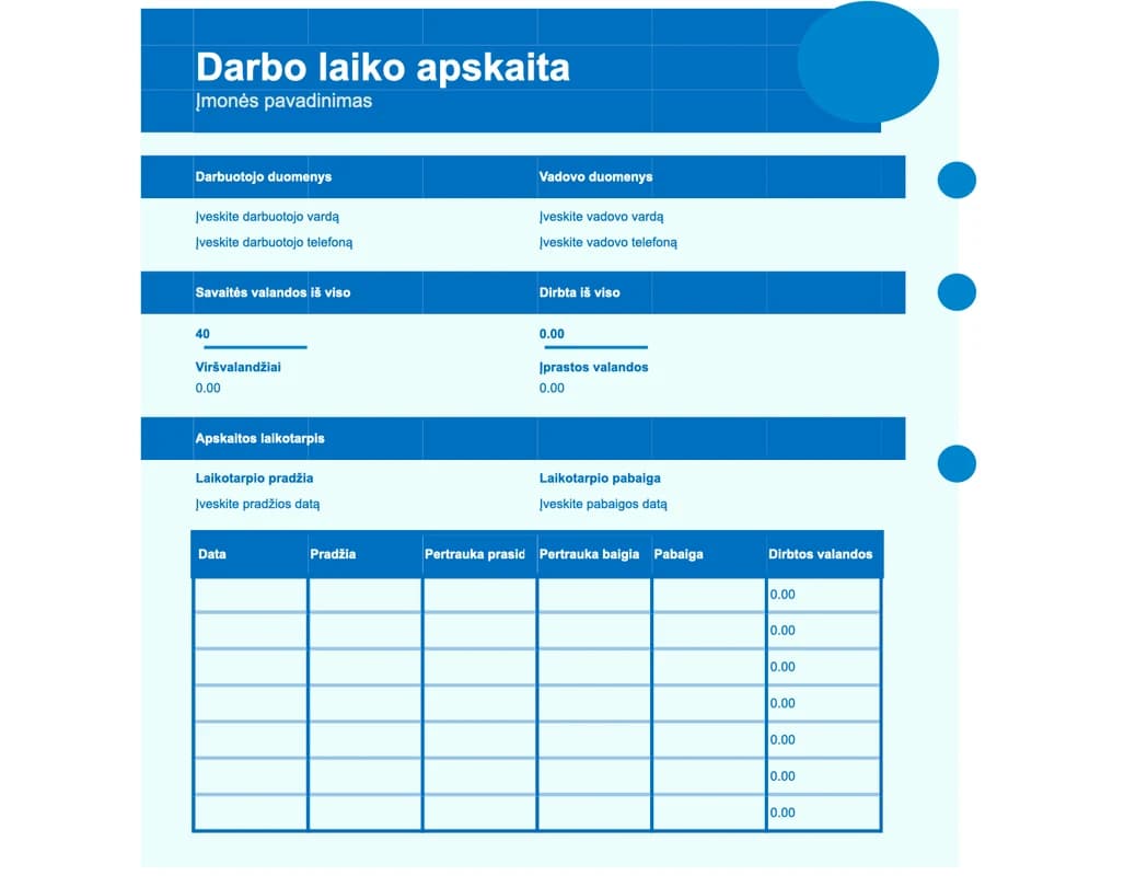 Paprasto darbo laiko žiniaraščio Excel šablono peržiūra