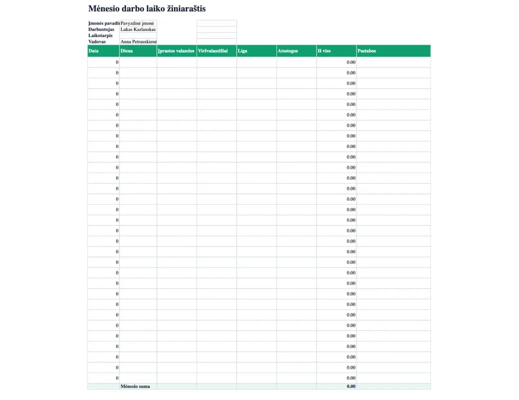 Excel peržiūra: Mėnesio darbo laiko žiniaraštis