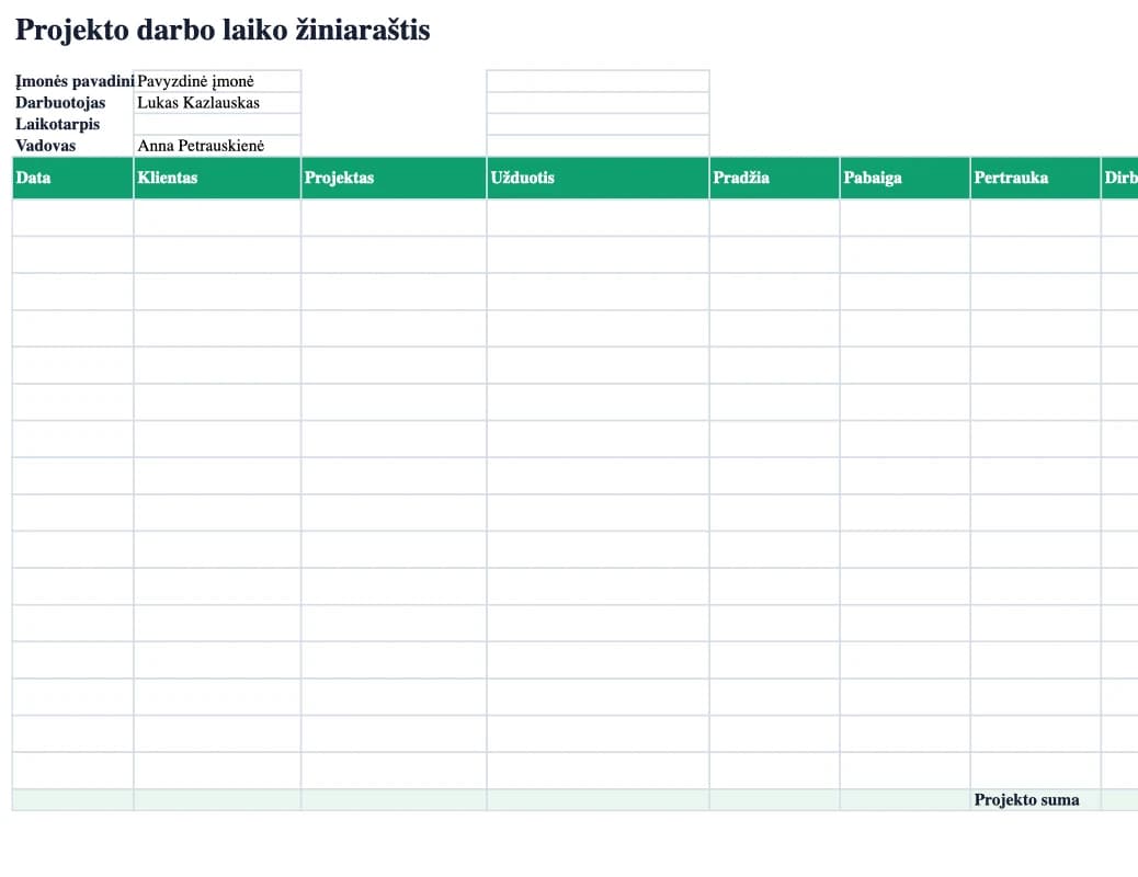 Excel peržiūra: Projekto darbo laiko žiniaraštis