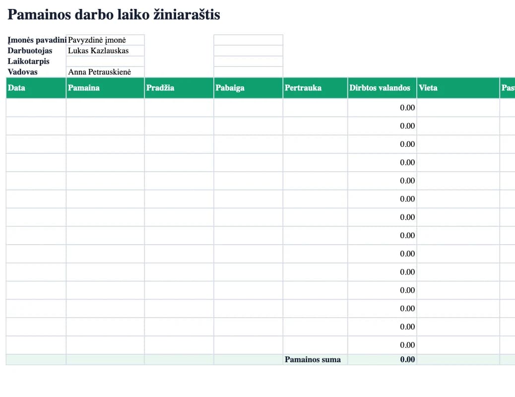 Excel peržiūra: Pamainos darbo laiko žiniaraštis