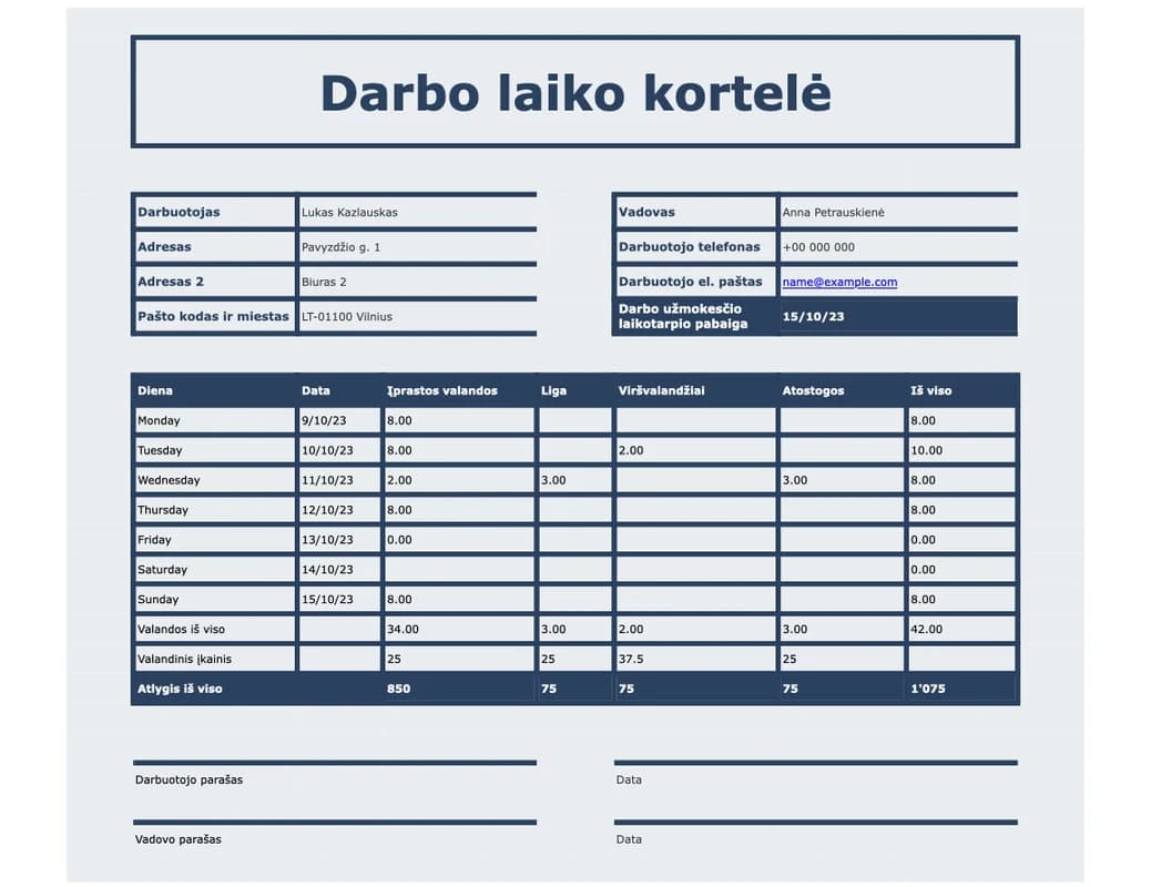 Laiko kortelės Excel šablono su atvykimo, išvykimo ir pertraukos laukais peržiūra
