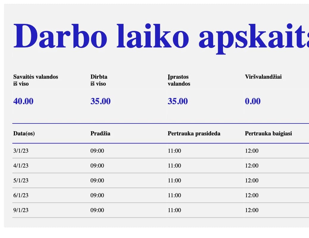 Savaitinės darbo laiko apskaitos Excel šablono peržiūra