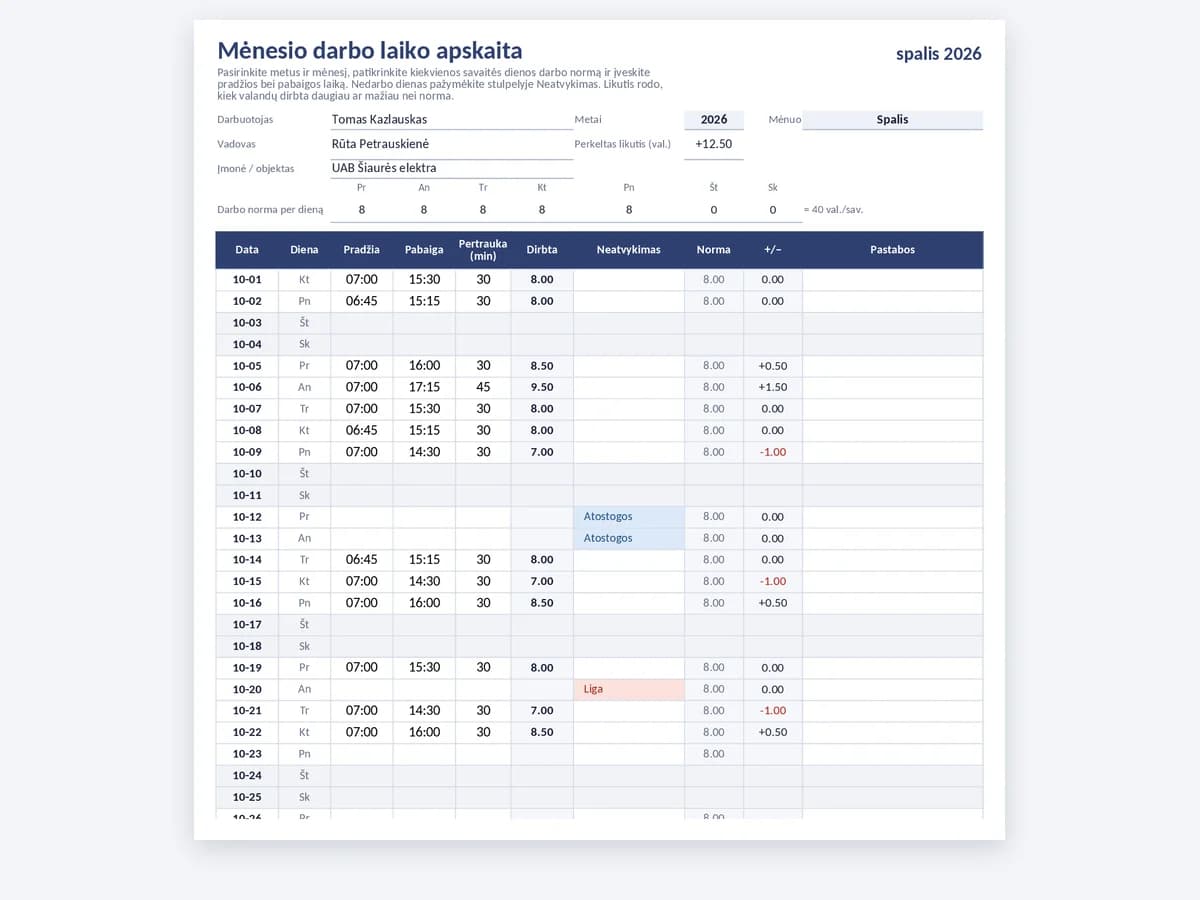 Mėnesio darbo laiko apskaitos Excel šablonas su datomis, neatvykimų stulpeliu, normos valandomis ir likučiu