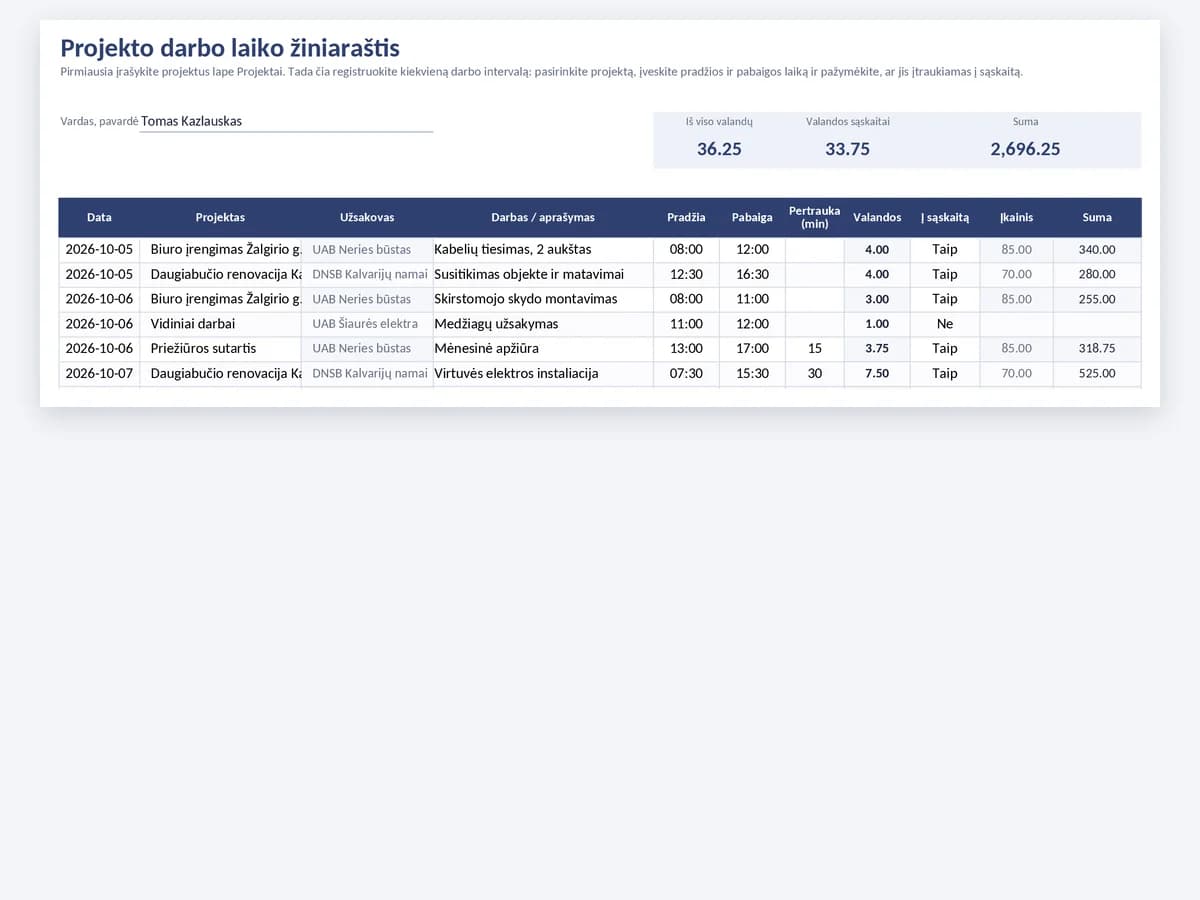 Projekto darbo laiko žiniaraščio Excel šablonas su projektu, užsakovu, darbu, valandomis sąskaitai ir suma